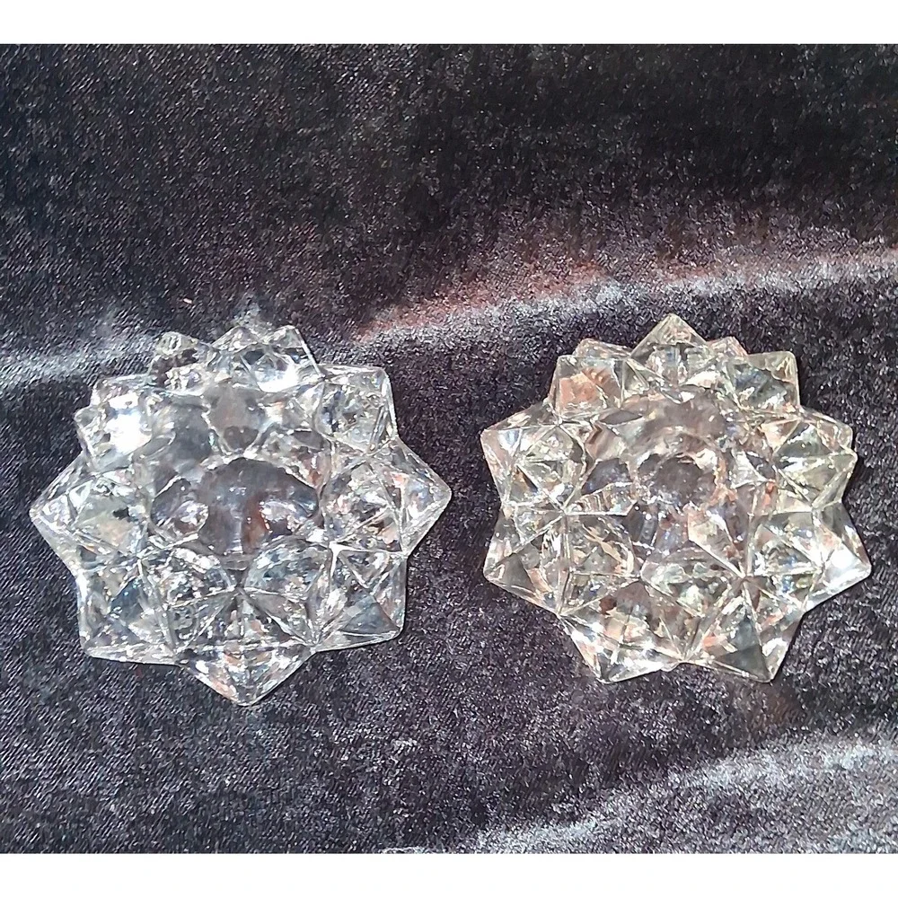 Set of 2 Crystal Starburst Tea Light Holders Vintage‎ Glass Votive Candlesticks
